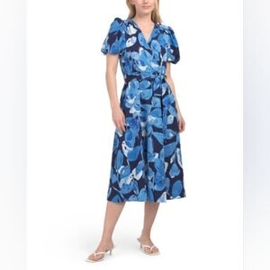 NWT - London Times Blue Floral Surplice Puff Sleeve Tie Waist Midi Dress - Size